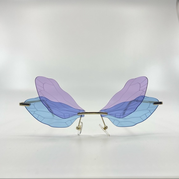 Blue Purple Butterfly Etched Wings Rimless Y2K Pastel Lenses Colored Glasses - Picture 3 of 15